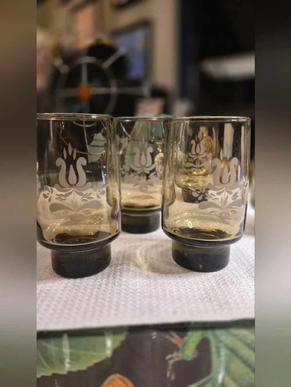 Smoked Glass Floral Etched Tumbler - Set of 6 VINTAGE